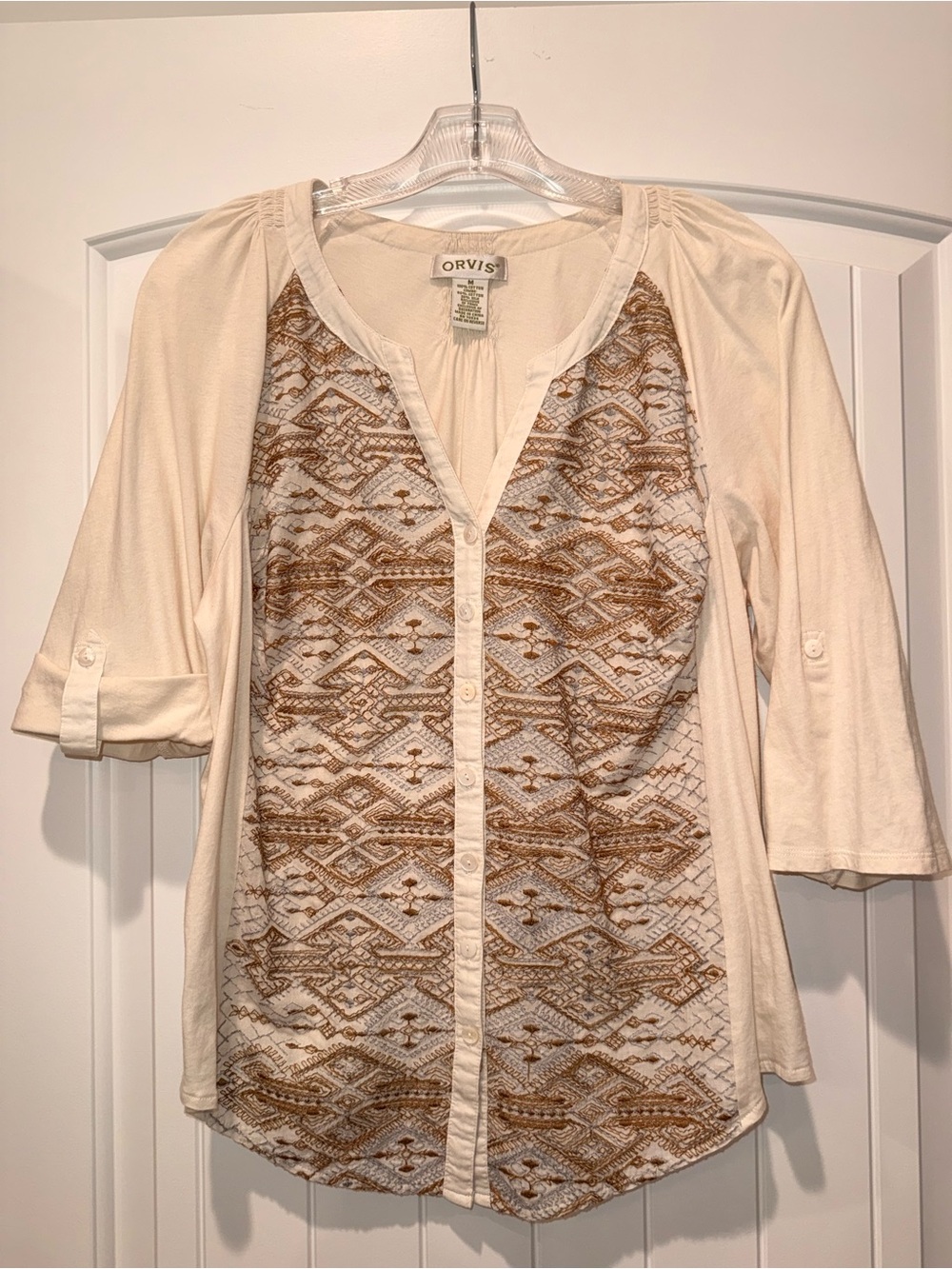 Orvis Cream and Brown Embroidered Button-Down Women's Shirt